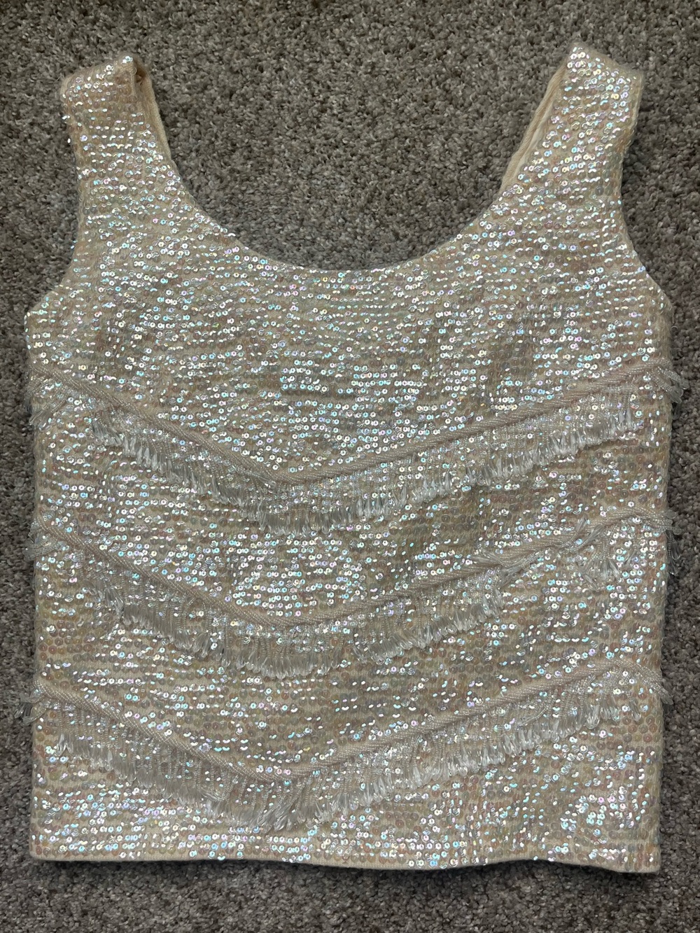 100% wool vintage sequin fringe cream/ivory top